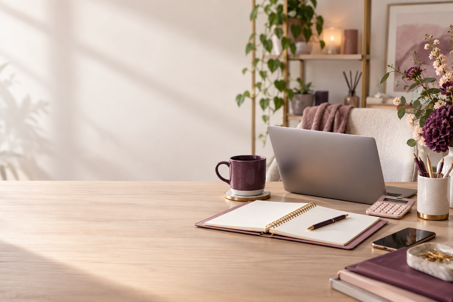 Organized home office workspace in plum and cream tones